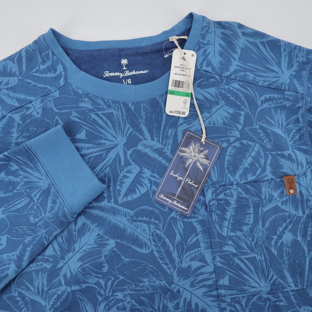 NEW Tommy Bahama Ben and Terry Palms Sweatshirt Blue Long Sleeve Mens Large $128